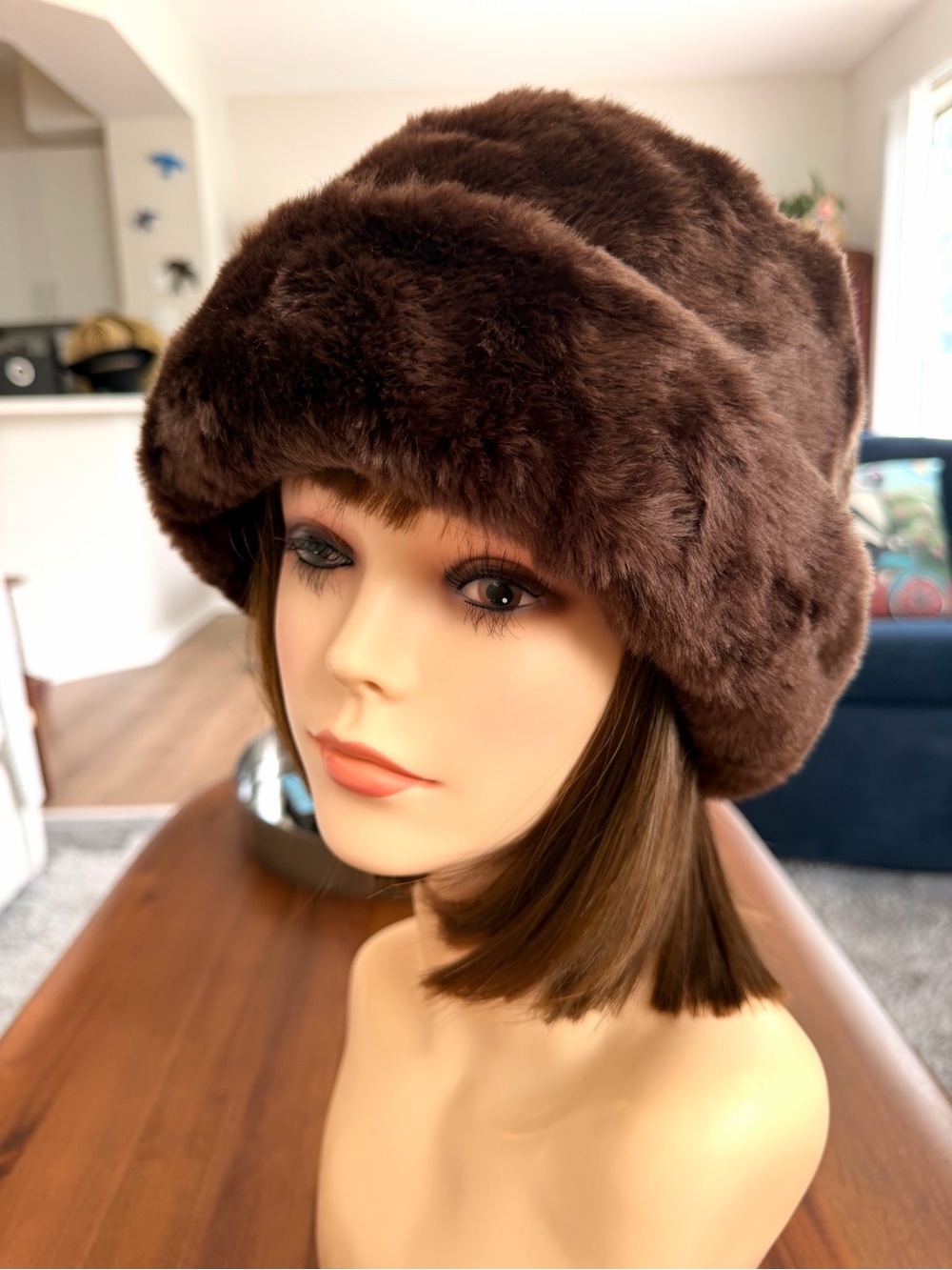 Chocolate Brown Faux Fur Bucket Cloche Hat Retro Winter Plush